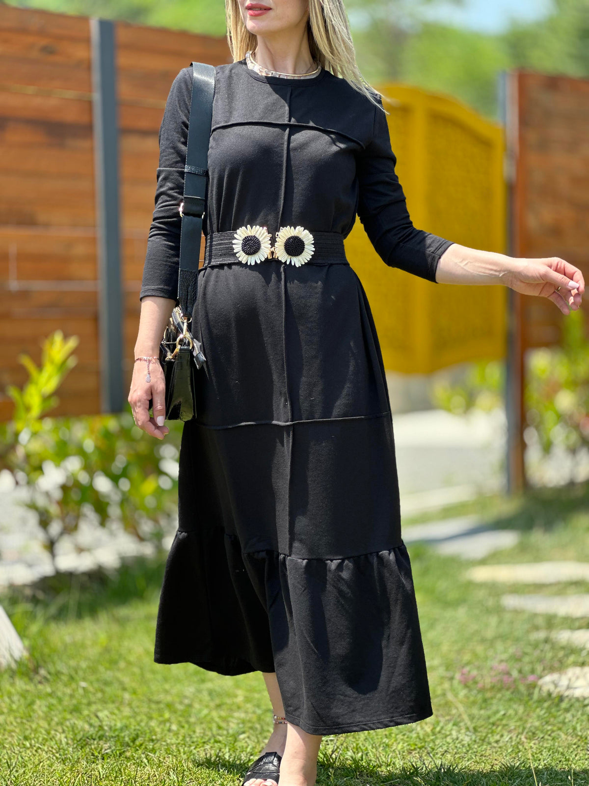 GEOMETRİK DİKİŞLİ ETEK VOLANLI SWEAT ELBİSE SİYAH