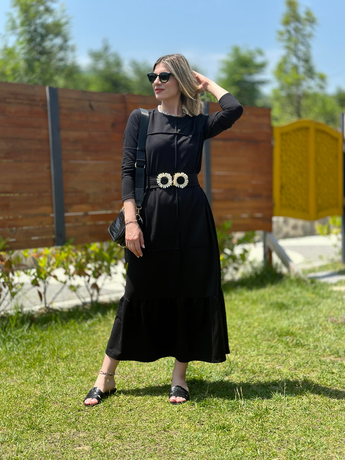 GEOMETRİK DİKİŞLİ ETEK VOLANLI SWEAT ELBİSE SİYAH