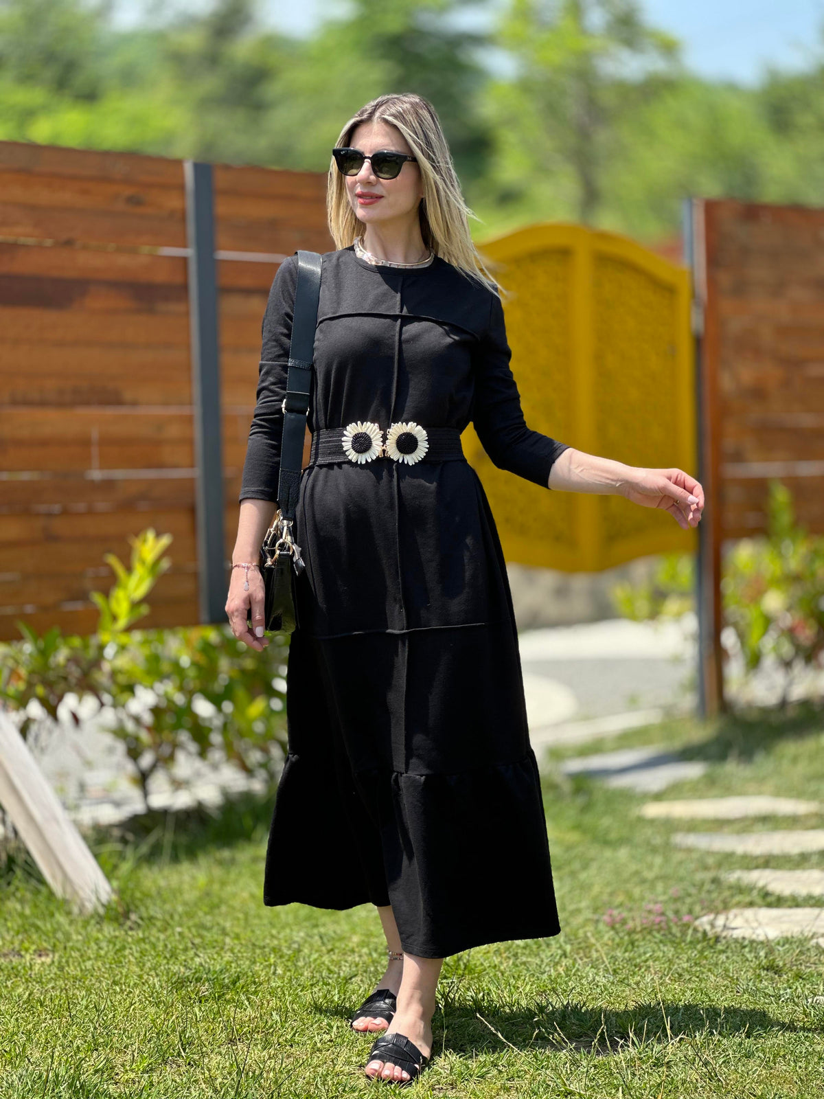 GEOMETRİK DİKİŞLİ ETEK VOLANLI SWEAT ELBİSE SİYAH