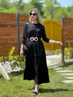 GEOMETRİK DİKİŞLİ ETEK VOLANLI SWEAT ELBİSE SİYAH