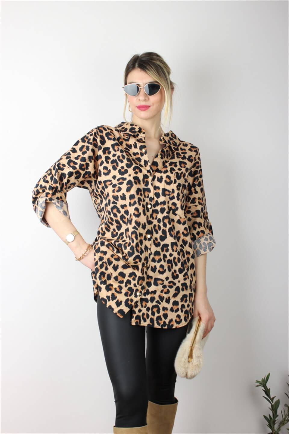 GOLD ZİNCİR DETAYLI LEOPAR GÖMLEK