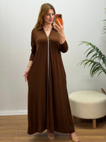 GÖMLEK YAKA BOYDAN FERMUARLI ELBİSE  KAHVE