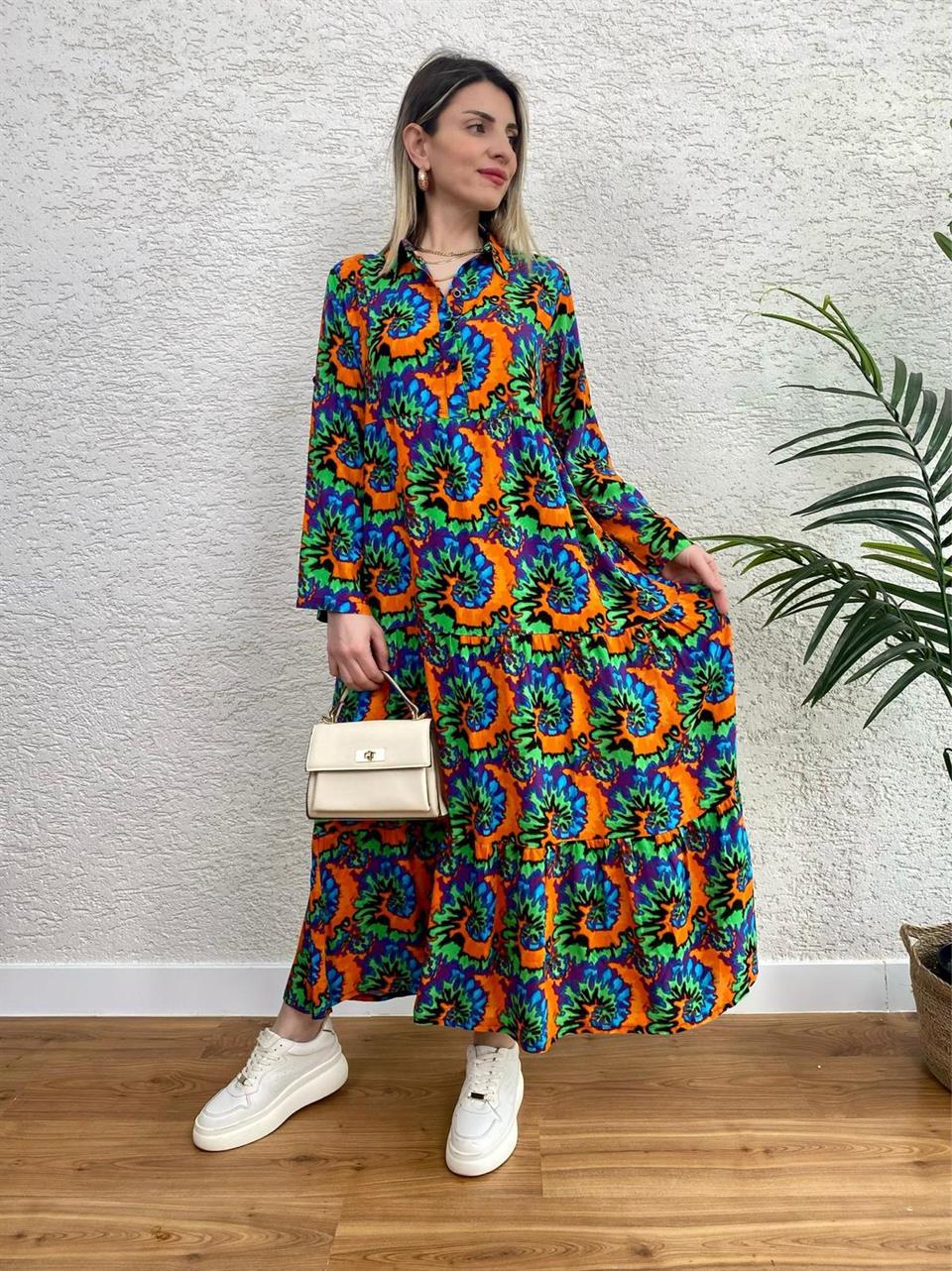 GÖMLEK YAKA DÜĞMELİ DOKUMA VİSKON ELBİSE MODEL8