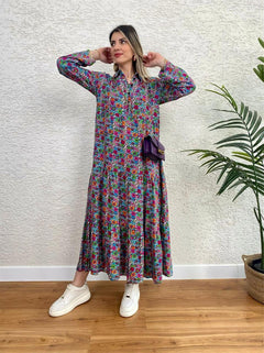 GÖMLEK YAKA DÜĞMELİ DOKUMA VİSKON ELBİSE MODEL6