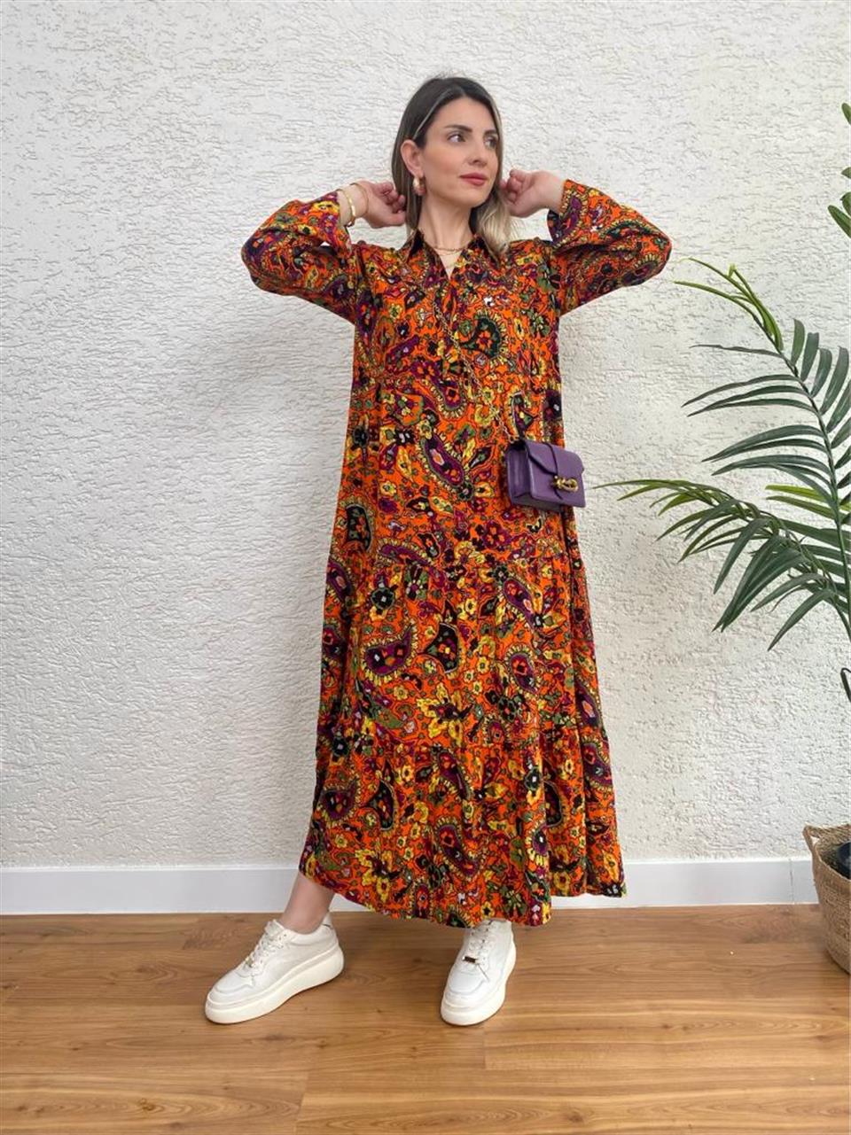 GÖMLEK YAKA DÜĞMELİ DOKUMA VİSKON ELBİSE MODEL11