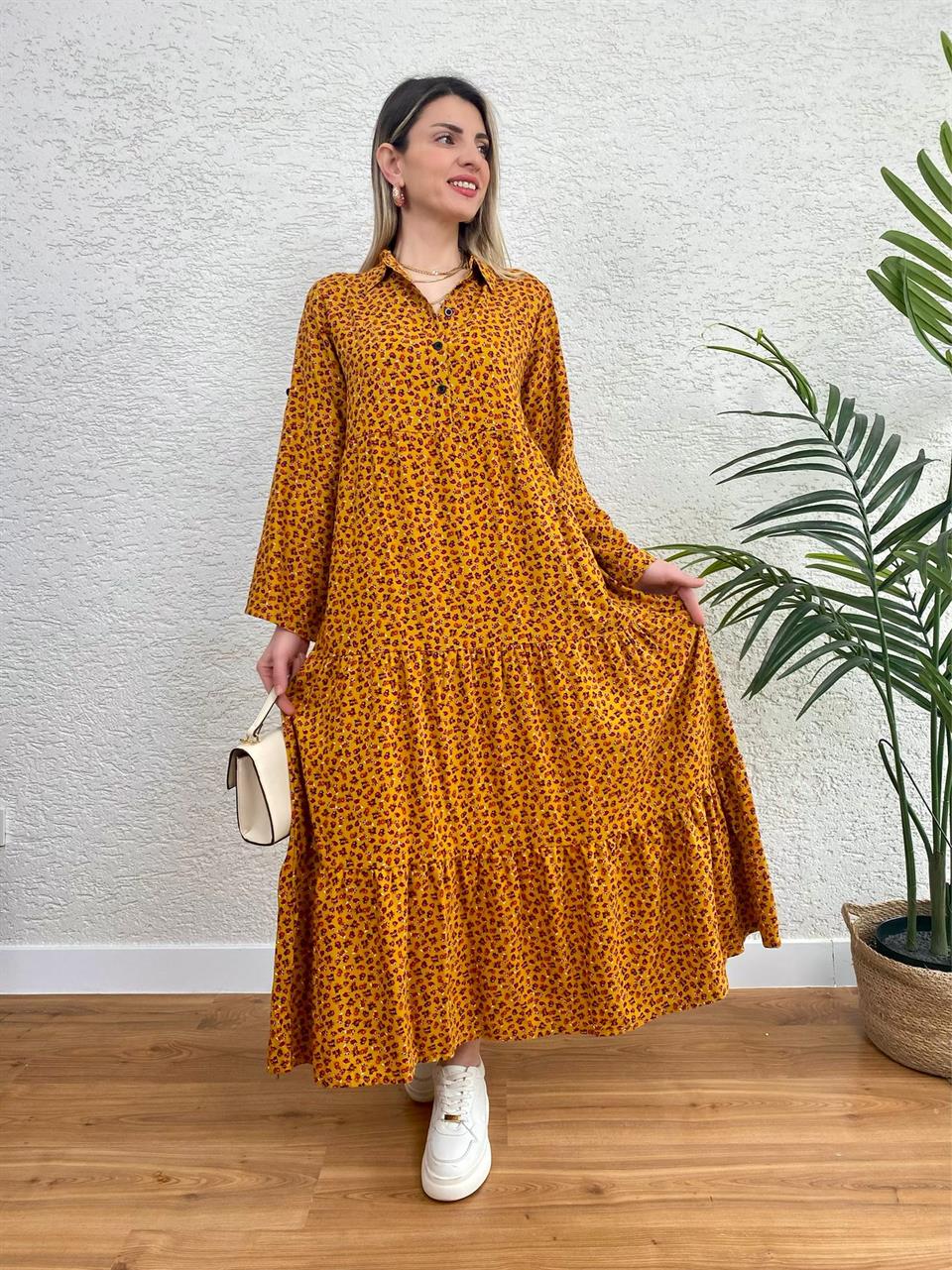 GÖMLEK YAKA DÜĞMELİ DOKUMA VİSKON ELBİSE MODEL 1