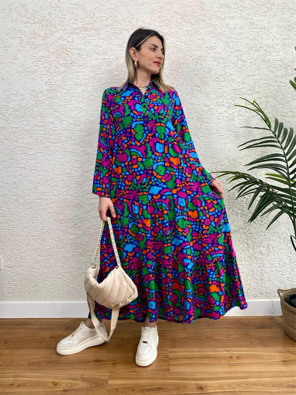 GÖMLEK YAKA DÜĞMELİ DOKUMA VİSKON ELBİSE MODEL4