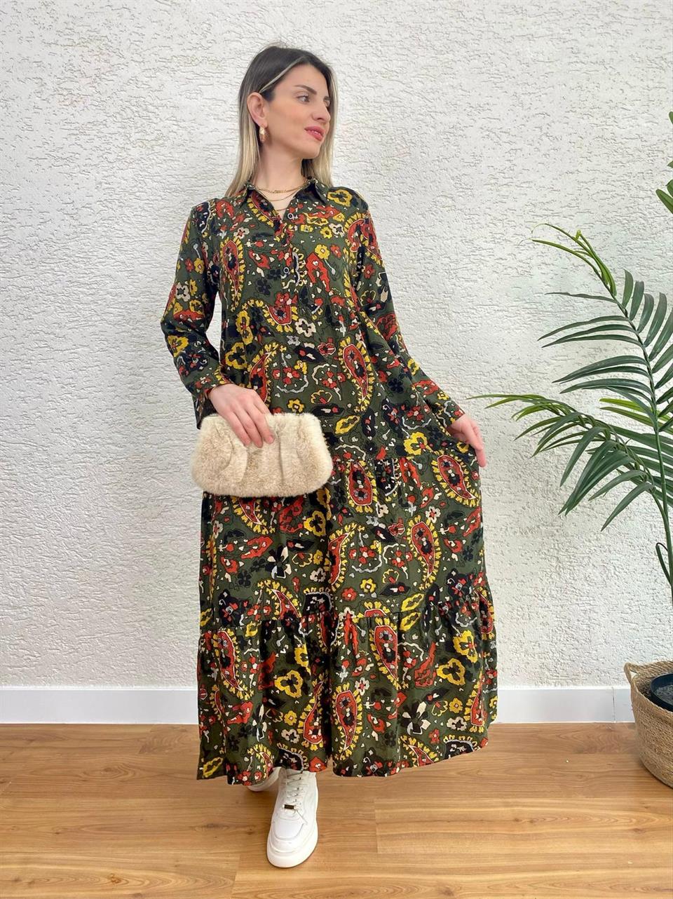 GÖMLEK YAKA DÜĞMELİ DOKUMA VİSKON ELBİSE MODEL7