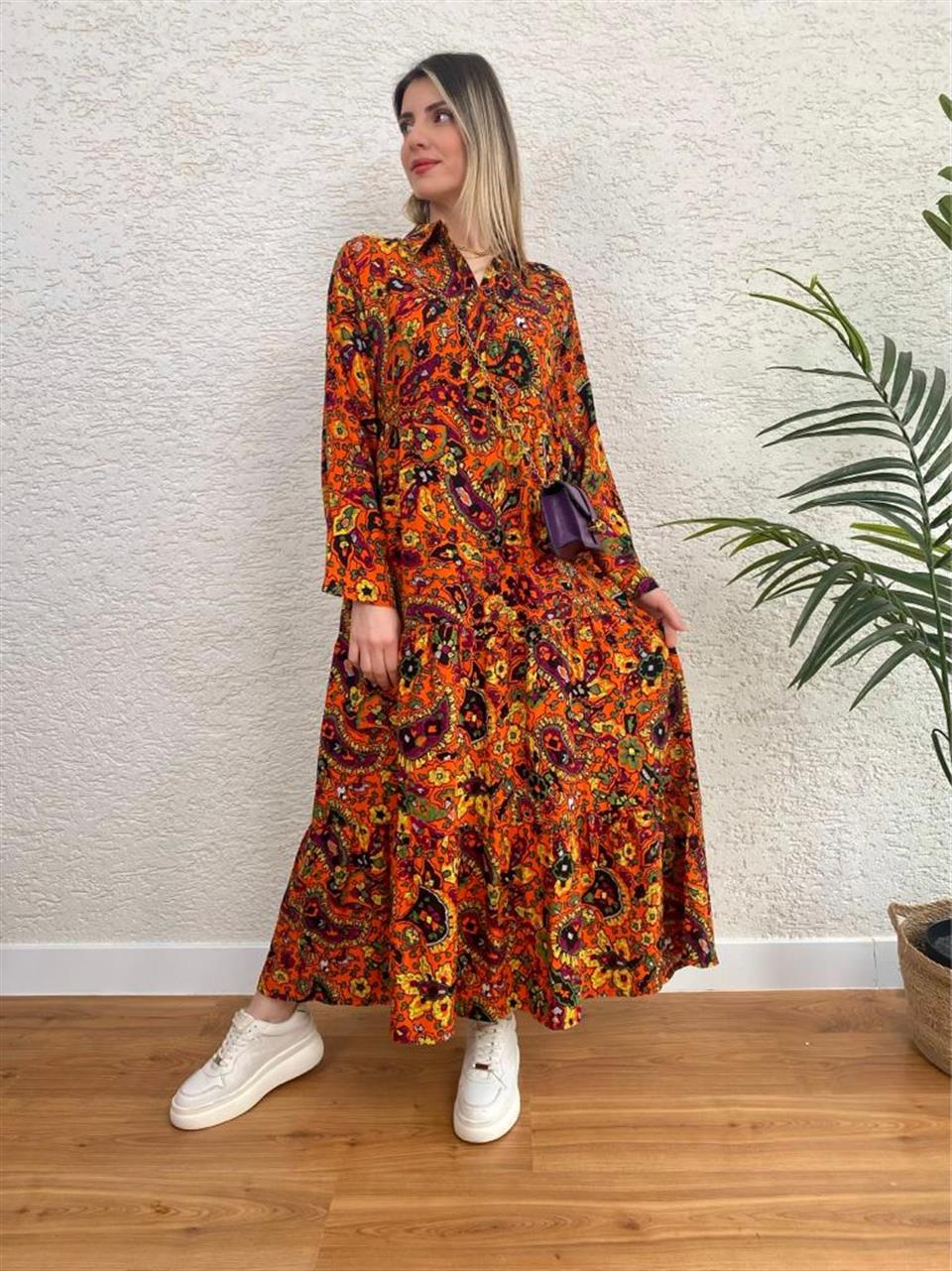 GÖMLEK YAKA DÜĞMELİ DOKUMA VİSKON ELBİSE MODEL11