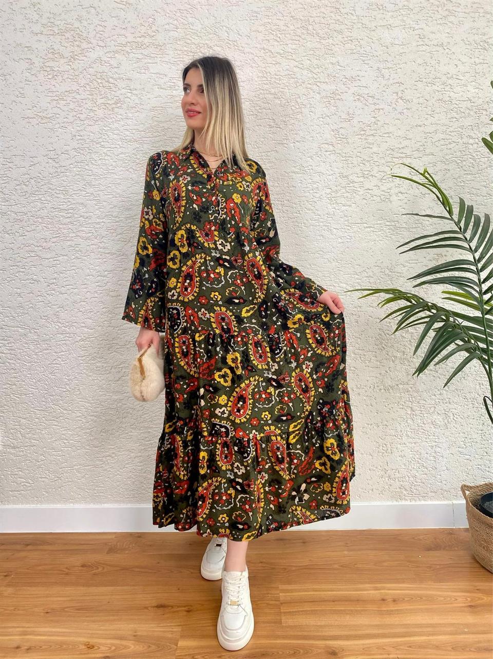 GÖMLEK YAKA DÜĞMELİ DOKUMA VİSKON ELBİSE MODEL7