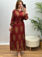 GÖMLEK YAKA VARAK DESEN KEMERLİ ELBİSE BORDO