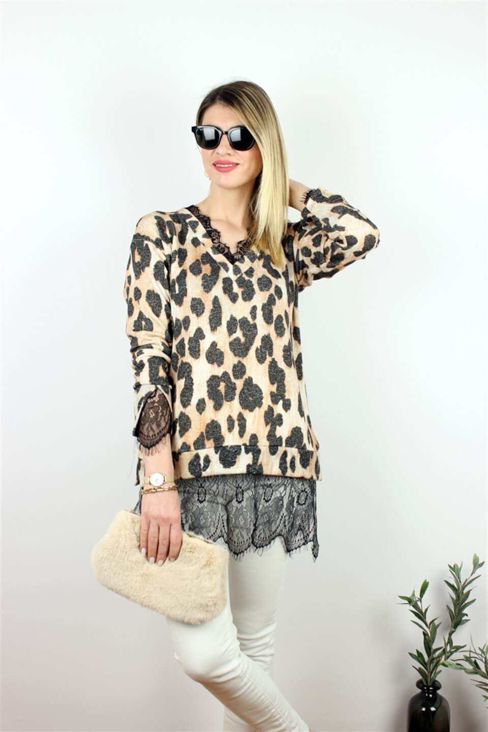GÜPÜR DETAYLI BLUZ LEOPAR