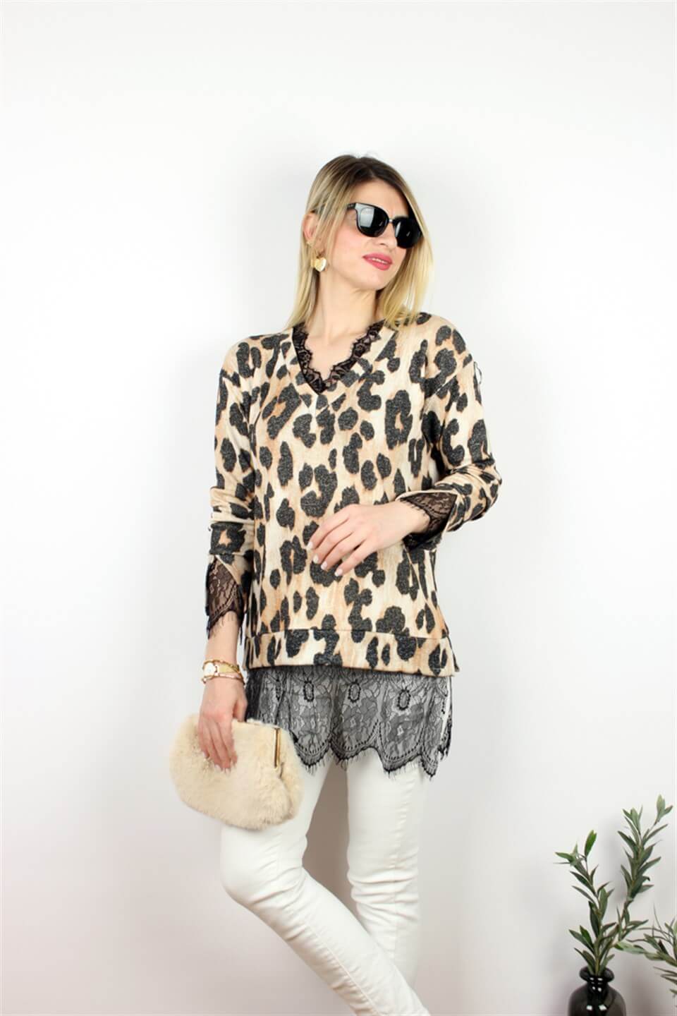 GÜPÜR DETAYLI BLUZ LEOPAR