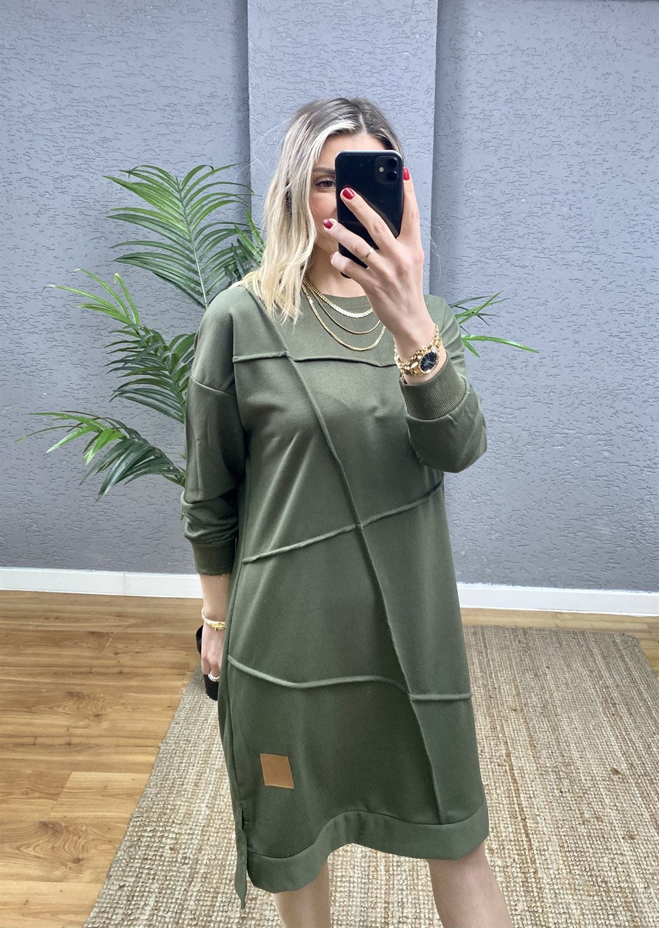 HAKİ OVERSİZE GEOMETRİK  DİKİŞ DETAYLI SWEAT TUNİK
