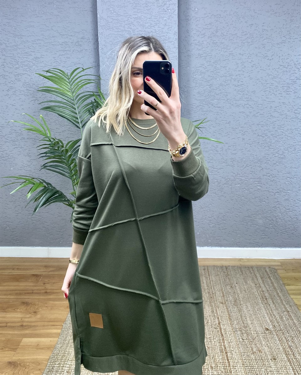 HAKİ OVERSİZE GEOMETRİK  DİKİŞ DETAYLI SWEAT TUNİK