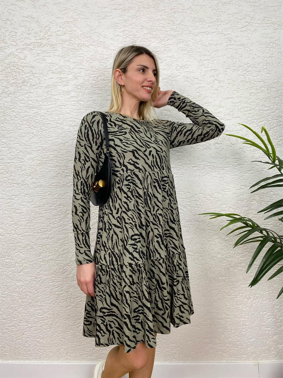 HAKİ RENK ZEBRA DESEN KAŞKORSE ELBİSE