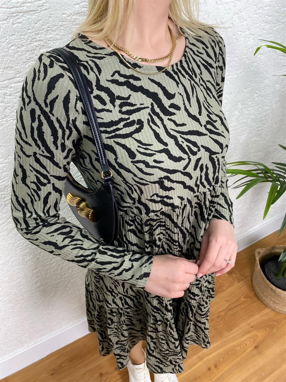 HAKİ RENK ZEBRA DESEN KAŞKORSE ELBİSE