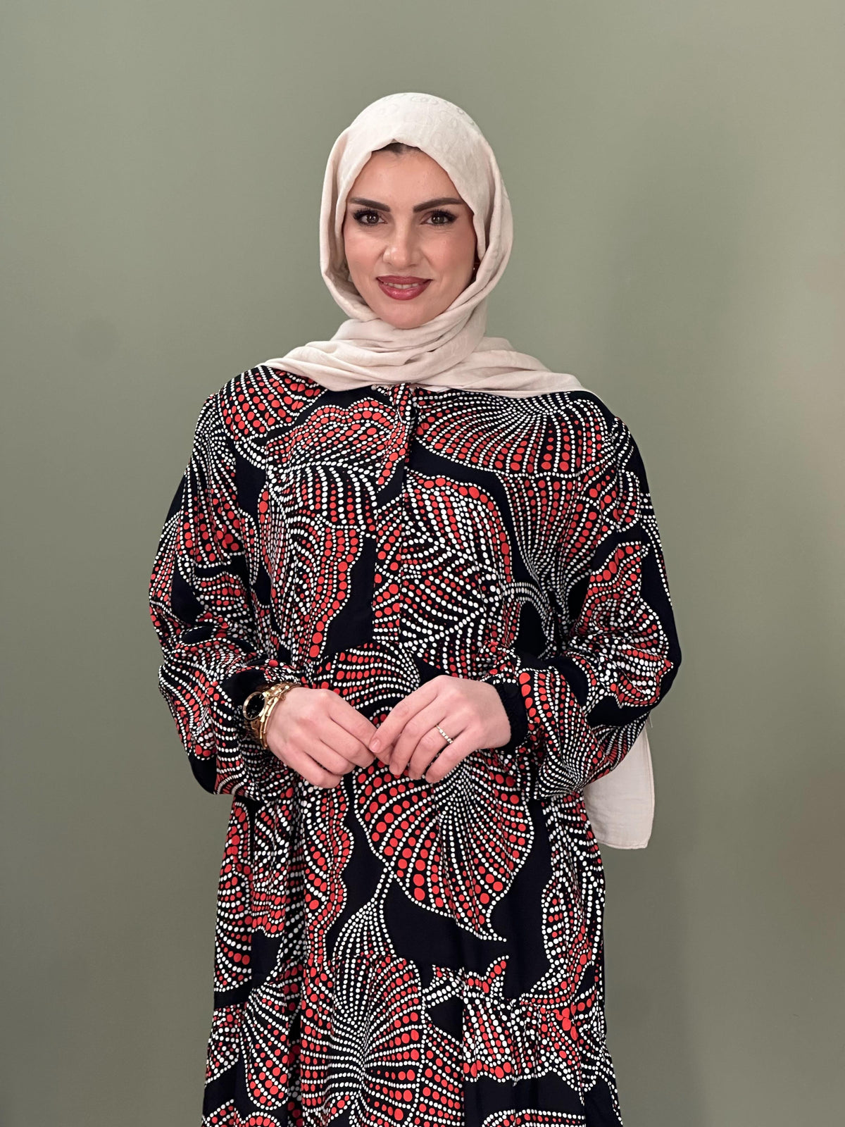 HAKİM YAKA DÜĞMELİ İTALYAN VİSKON  ELBİSE ÇİÇEK DESEN