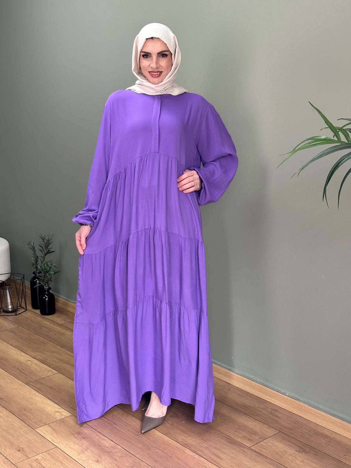 HAKİM YAKA DÜĞMELİ İTALYAN VİSKON  ELBİSE MOR