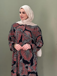 HAKİM YAKA DÜĞMELİ İTALYAN VİSKON  ELBİSE ÇİÇEK DESEN