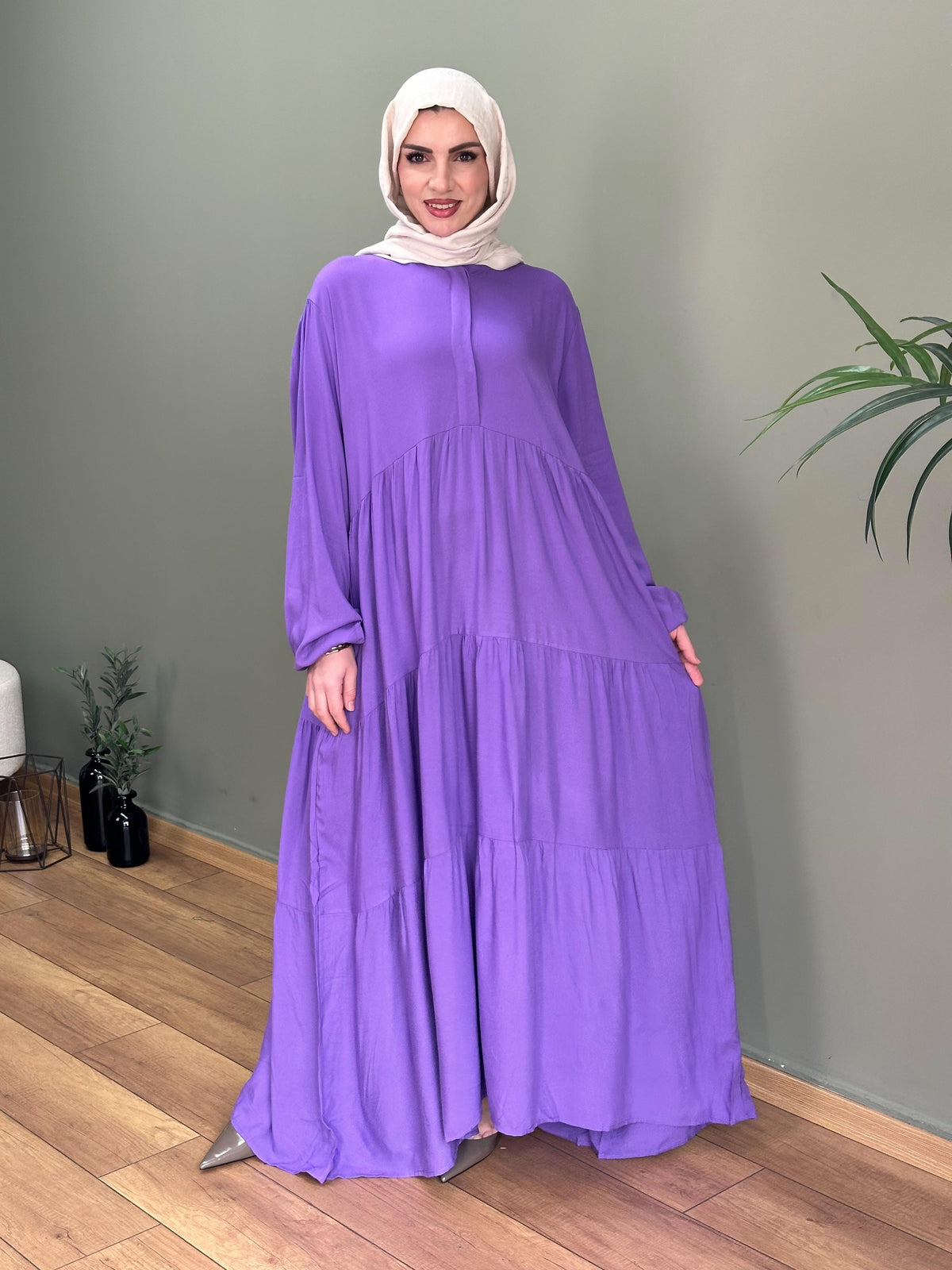 HAKİM YAKA DÜĞMELİ İTALYAN VİSKON  ELBİSE MOR