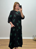 HAKİM YAKA İTALYAN VİSKON DAL DESENLİ ELBİSE  YEŞİL