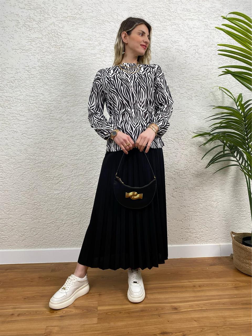 İKİLİ TAKIM ETEK VE BLUZ ZEBRA DESEN SİYAH