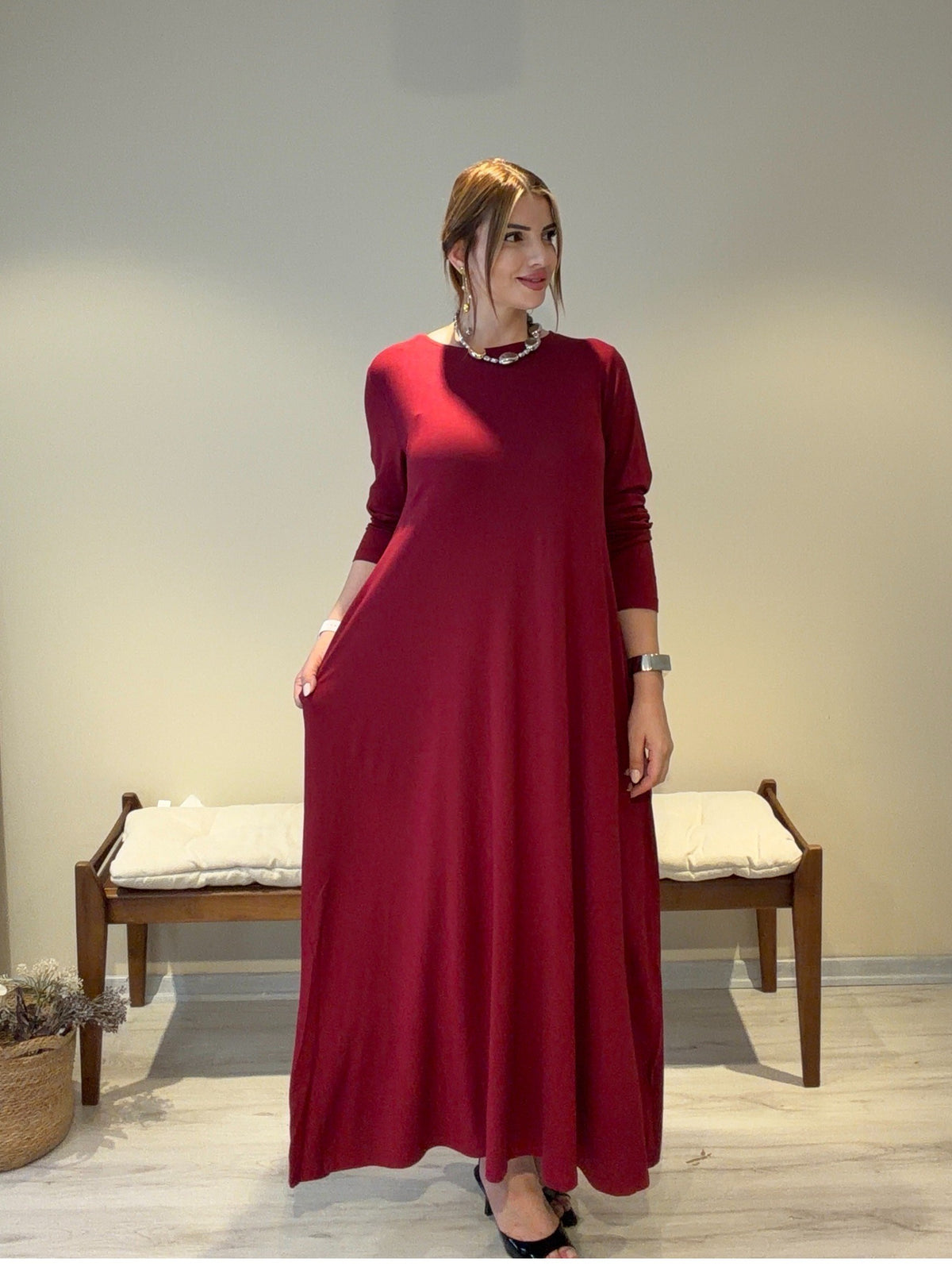 INFINITY A Kesim Elbise | % 100 Pamuk Penye Bordo