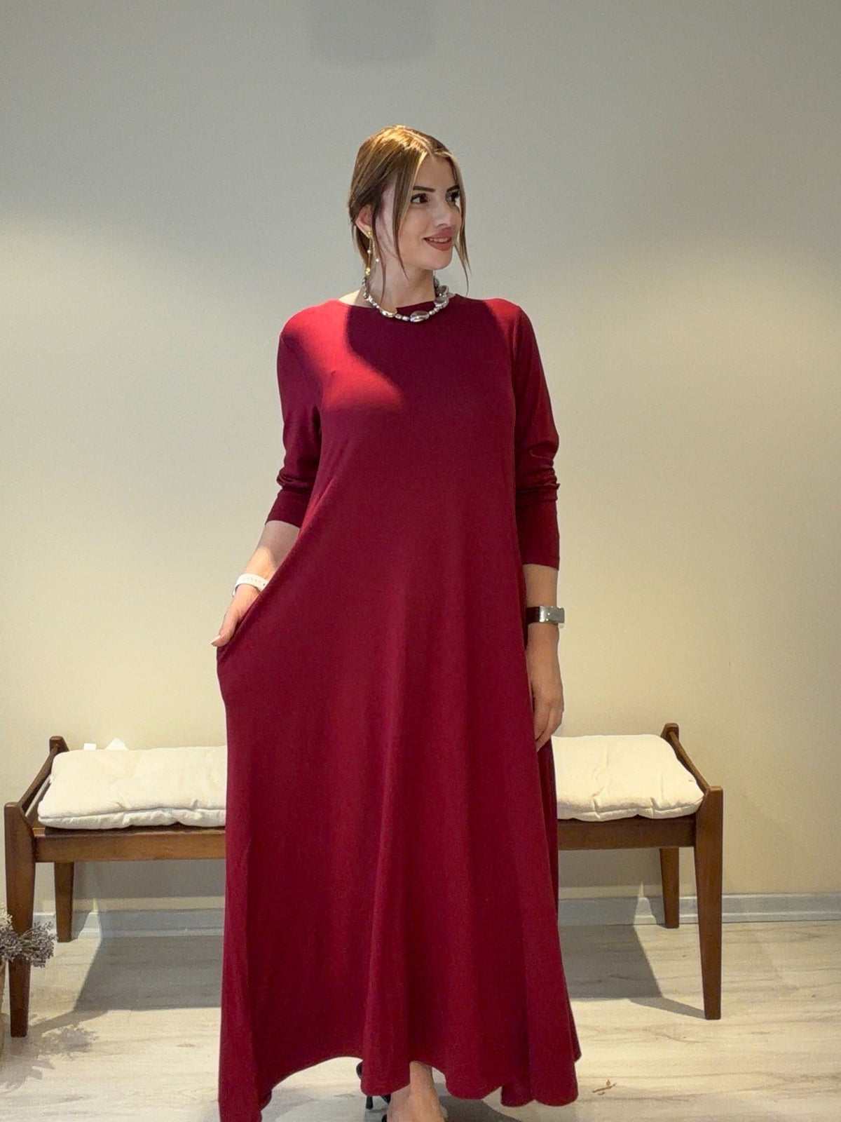 INFINITY A Kesim Elbise | % 100 Pamuk Penye Bordo