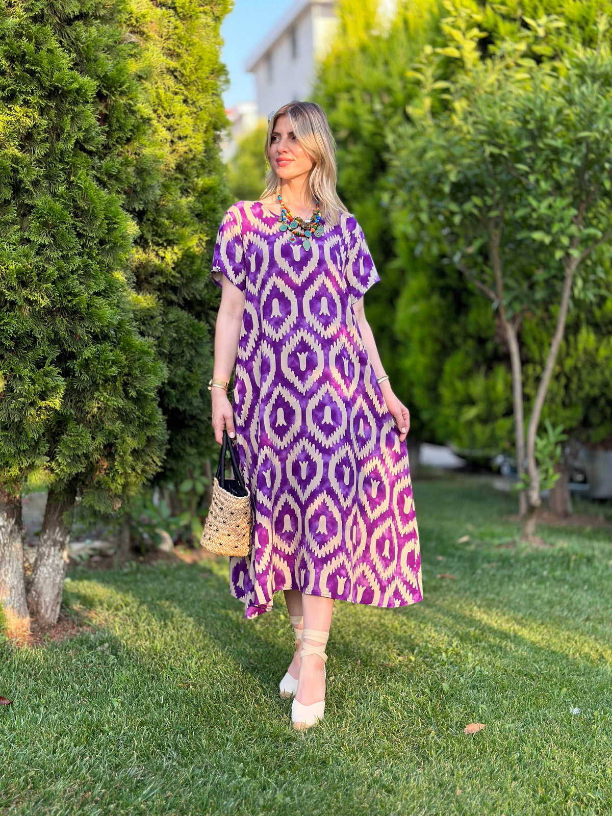 İTALYAN VİSKON DİJİTAL DESEN ELBİSE MOR