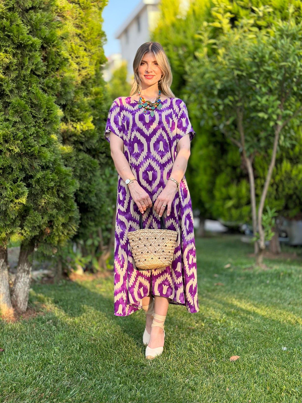 İTALYAN VİSKON DİJİTAL DESEN ELBİSE MOR