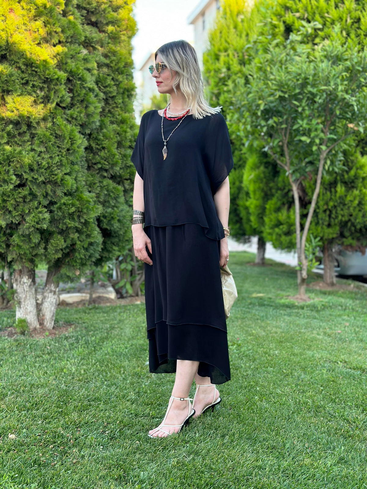 İTALYAN ORGANİJ PAMUK ÇİFT KAT ELBİSE SİYAH