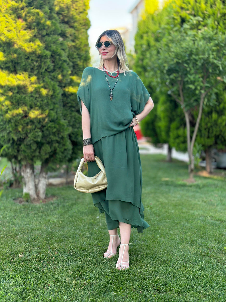 İTALYAN ORGANİJ PAMUK ÇİFT KAT ELBİSE HAKİ