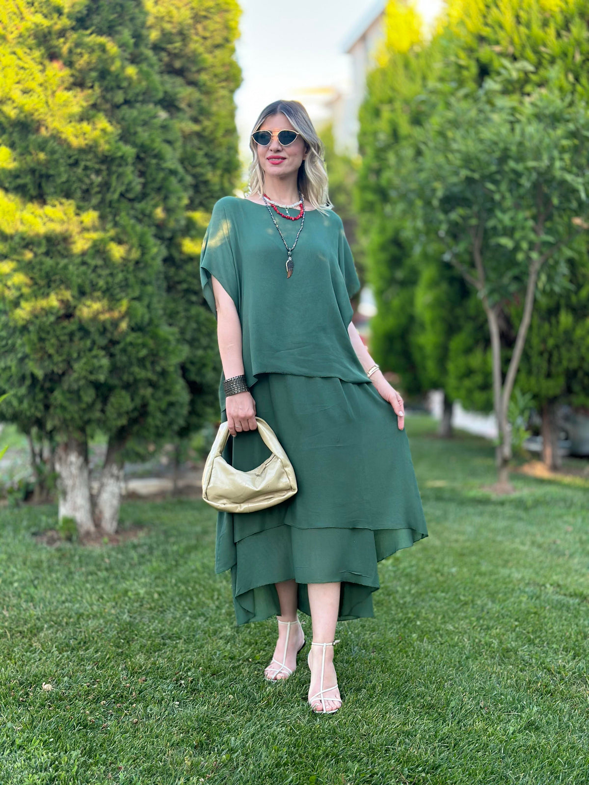 İTALYAN ORGANİJ PAMUK ÇİFT KAT ELBİSE HAKİ