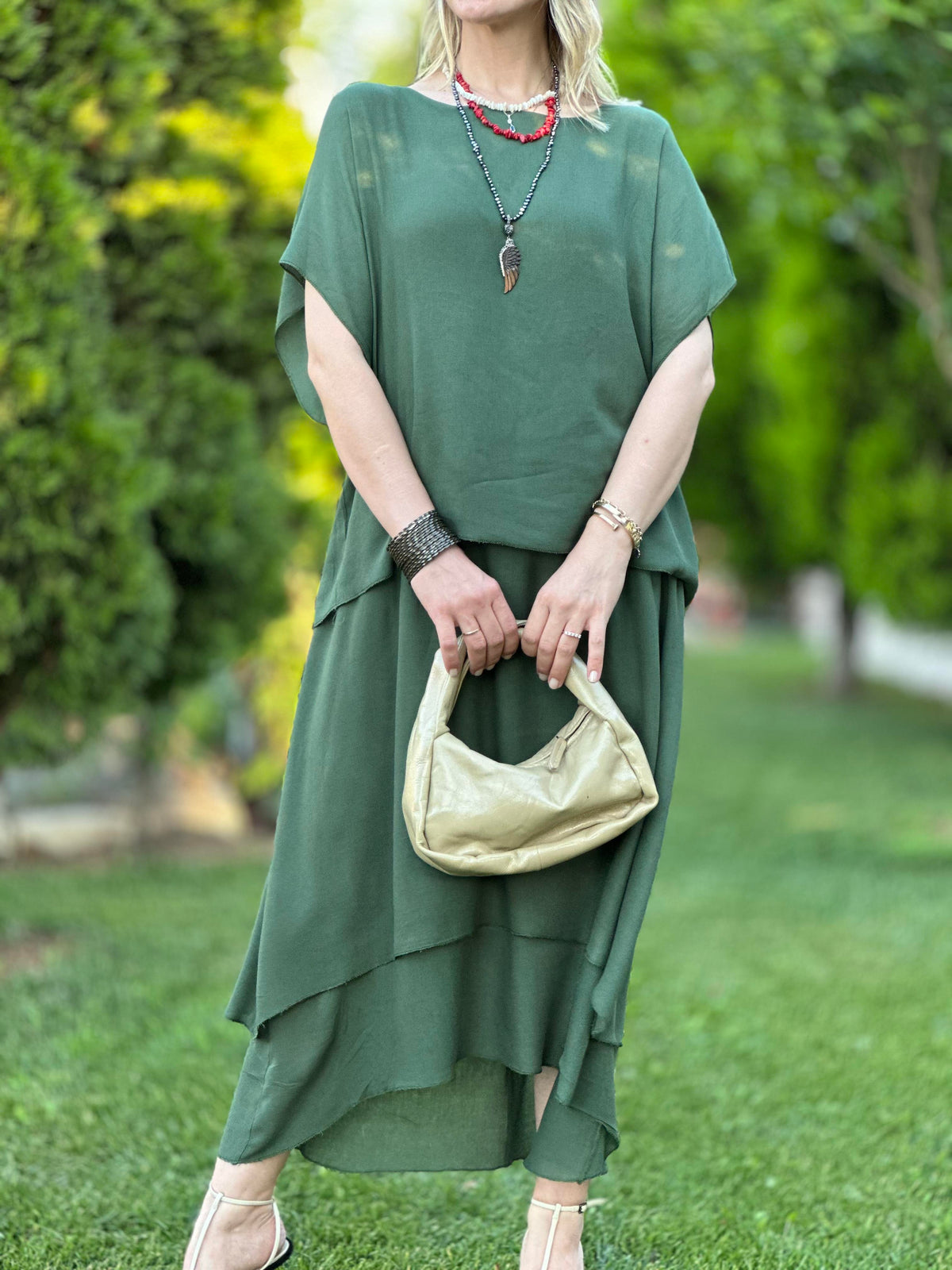 İTALYAN ORGANİJ PAMUK ÇİFT KAT ELBİSE HAKİ