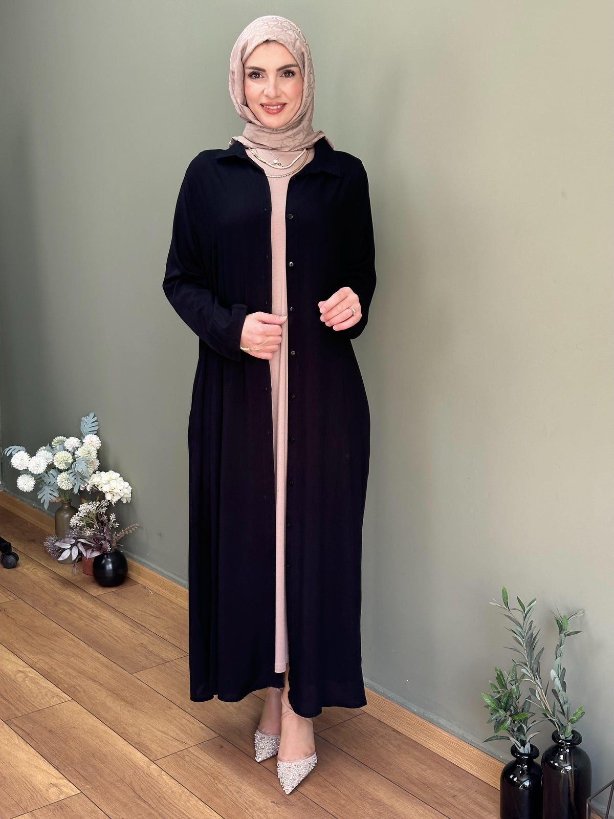 İTALYAN VİSKON BOYDAN DÜĞMELİ GÖMLEK ELBİSE SİYAH