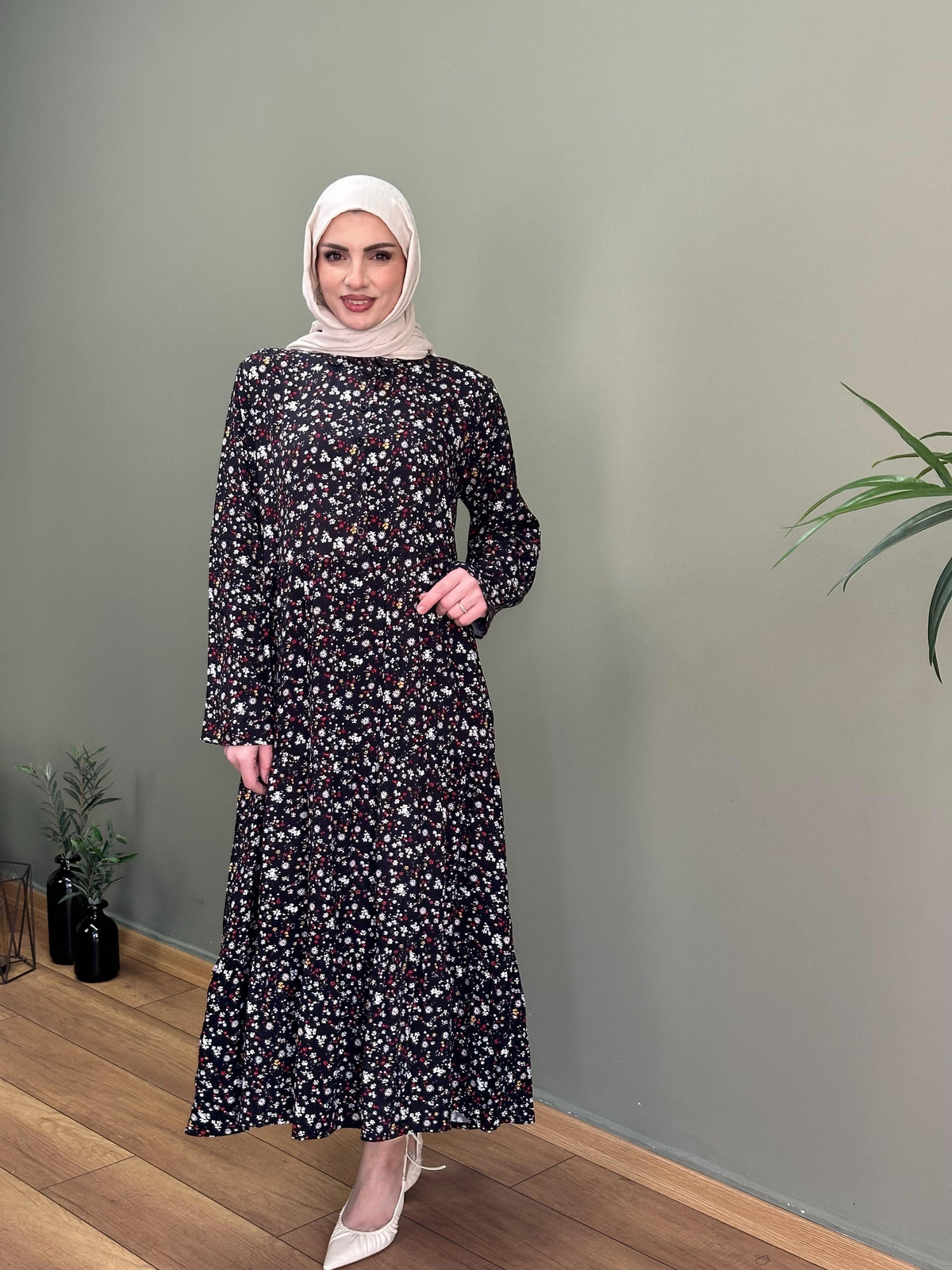 İTALYAN VİSKON ÇITIR DESEN GÖMLEK YAKA ELBİSE SİYAH