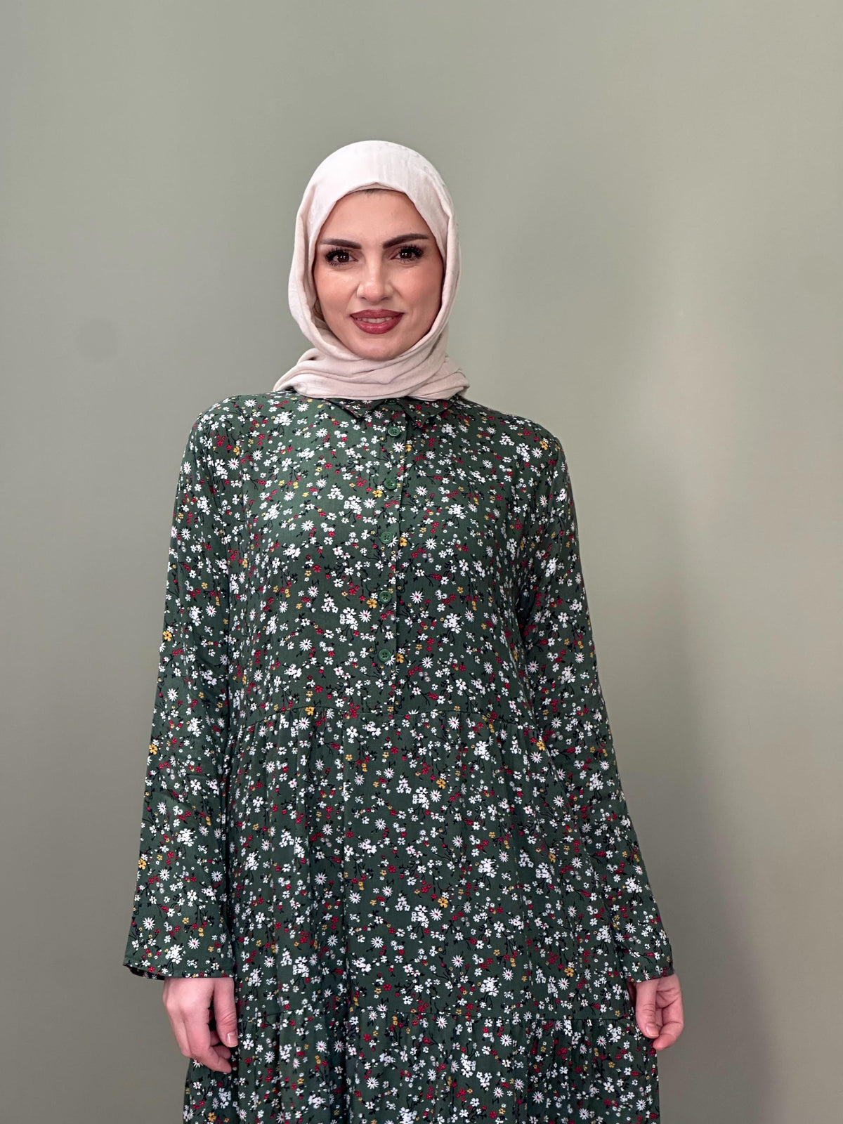 İTALYAN VİSKON ÇITIR DESEN GÖMLEK YAKA ELBİSE YEŞİL