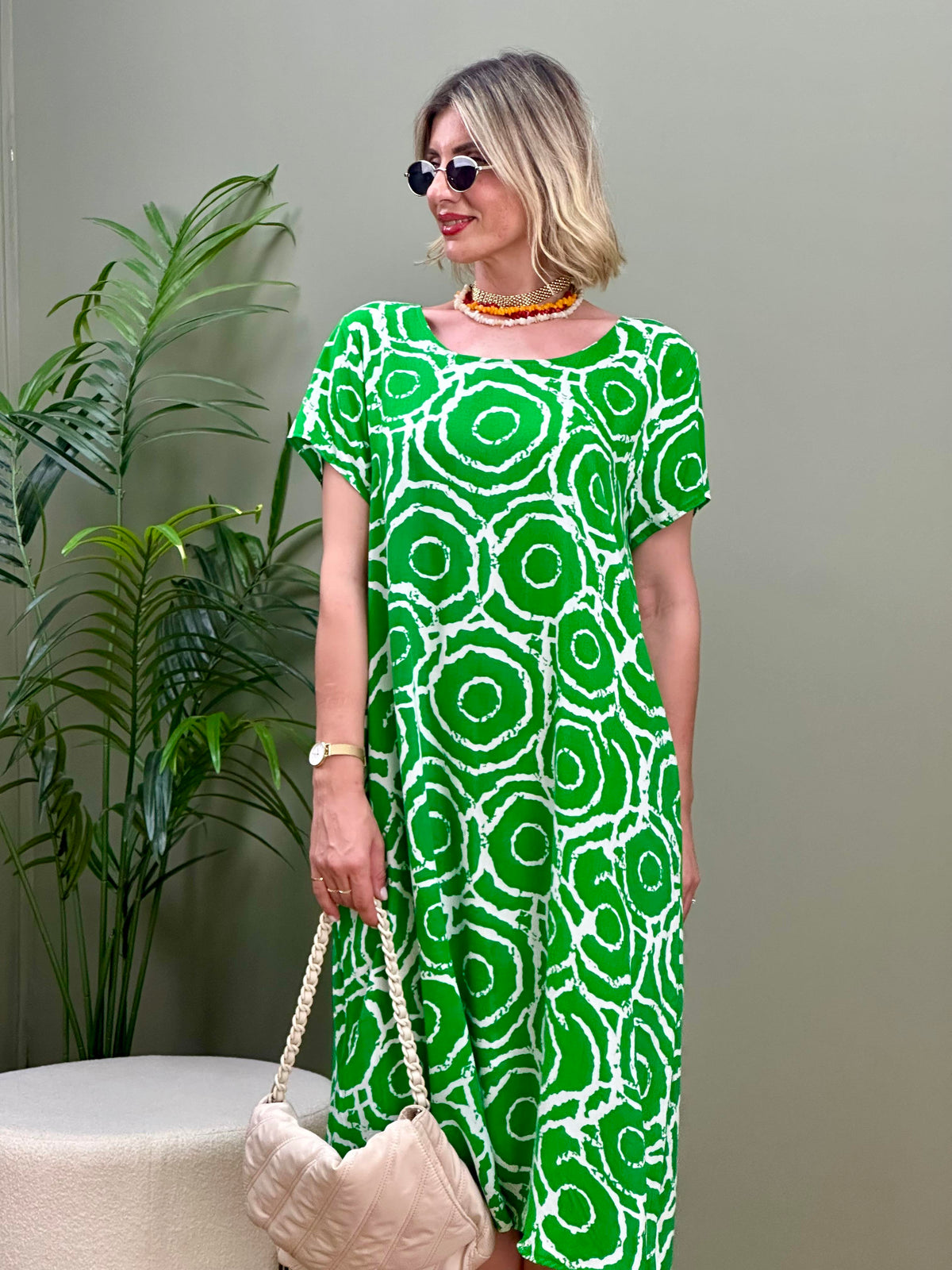 İTALYAN VİSKON DİJİTAL DESEN ELBİSE YESIL