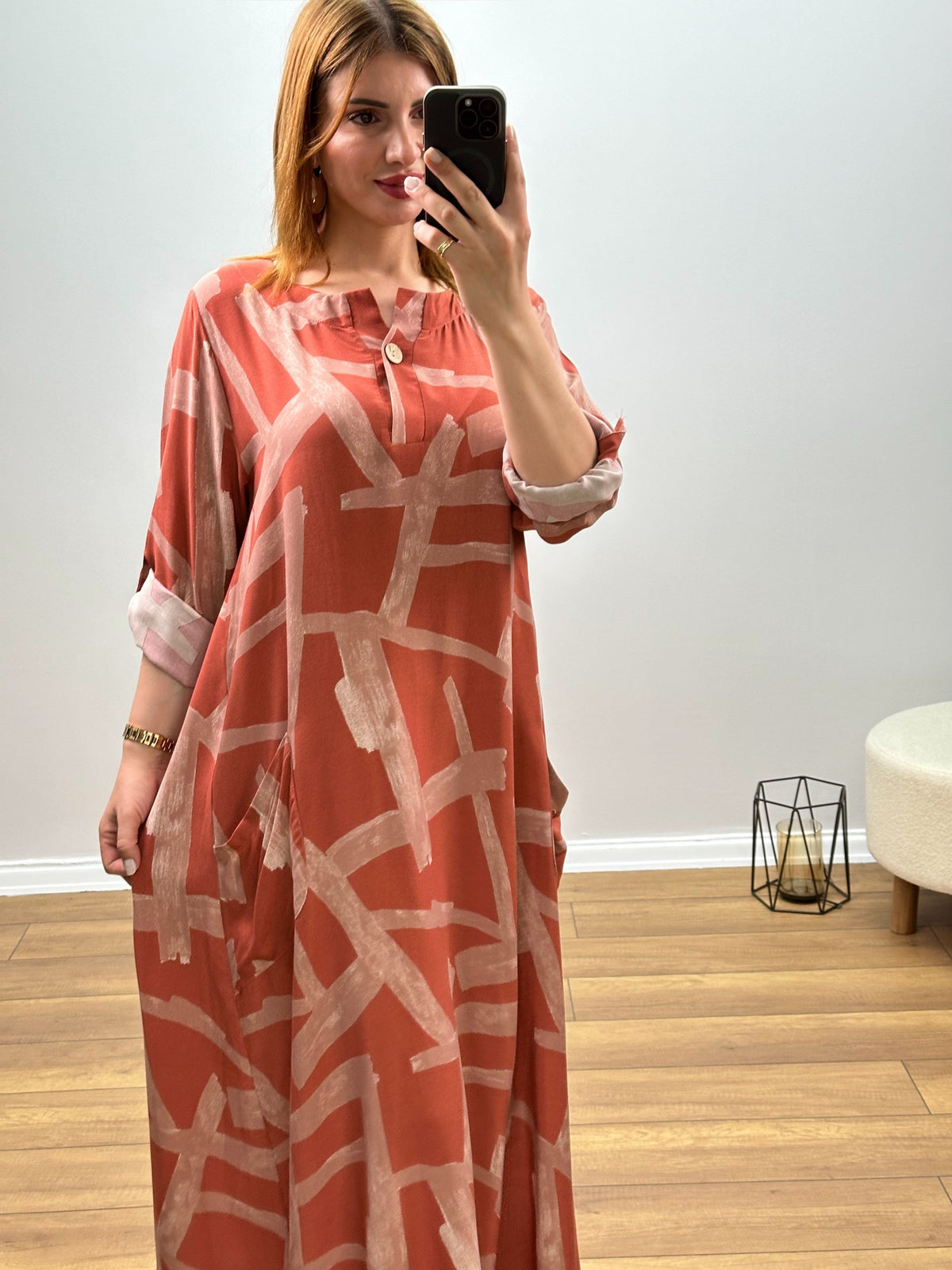 İTALYAN VİSKON FIRÇA DESEN ELBİSE MERCAN TEMA