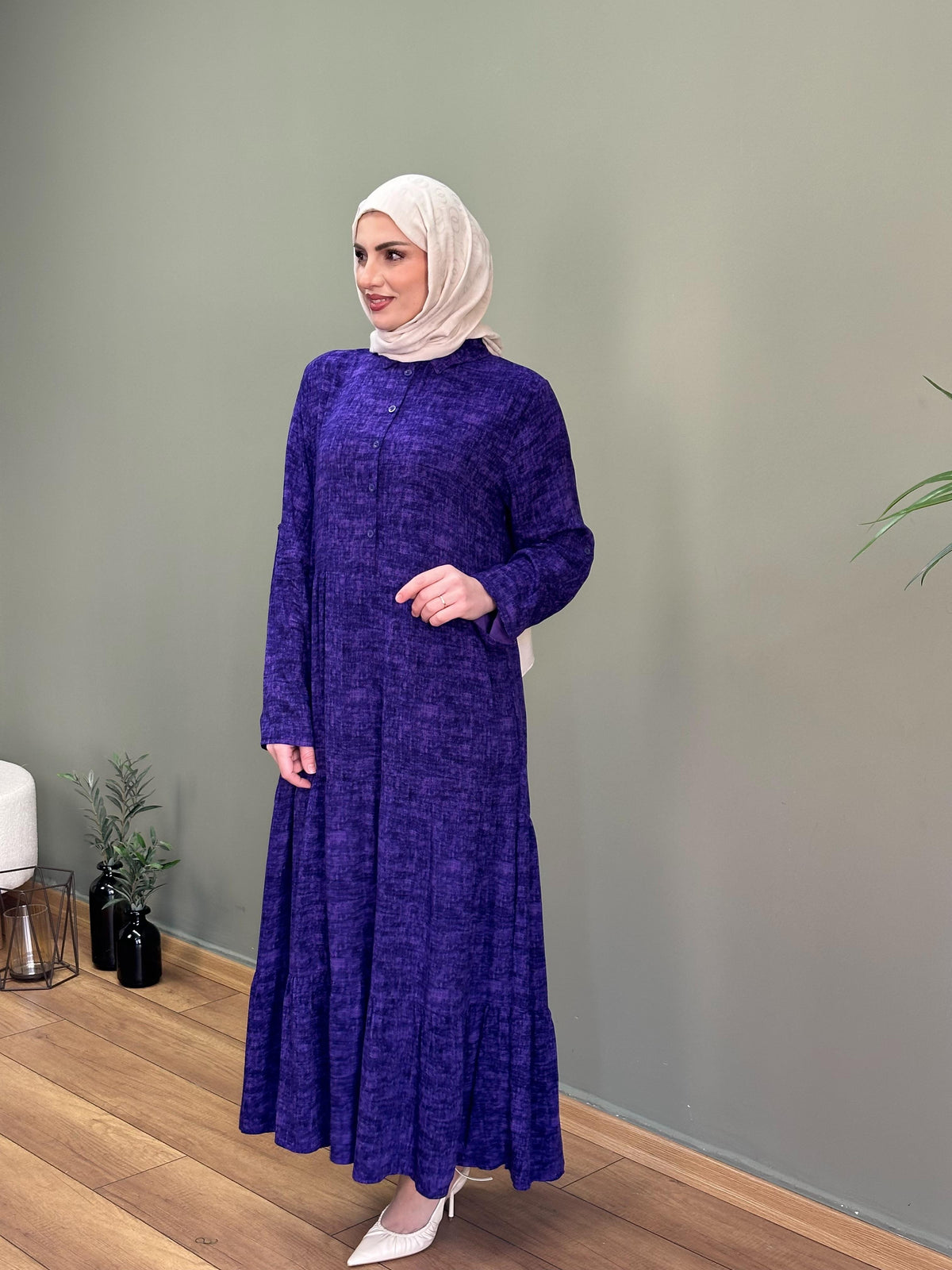 İTALYAN VİSKON GÖMLEK YAKA KOL KATLAMALI ELBİSE MOR