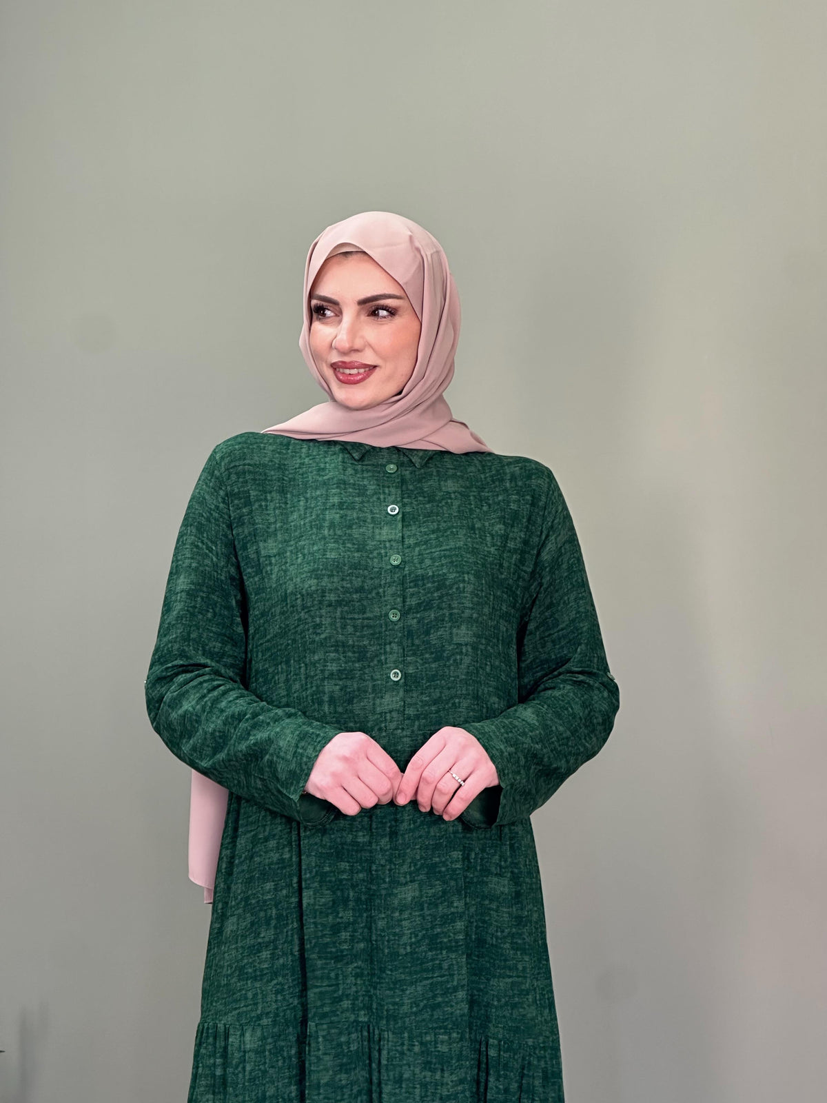 İTALYAN VİSKON GÖMLEK YAKA KOL KATLAMALI ELBİSE ZÜMRÜT