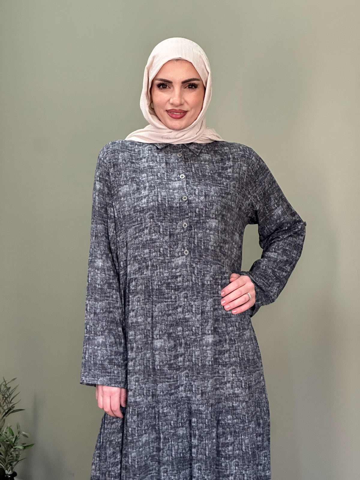 İTALYAN VİSKON GÖMLEK YAKA KOL KATLAMALI ELBİSE ANTRASİT