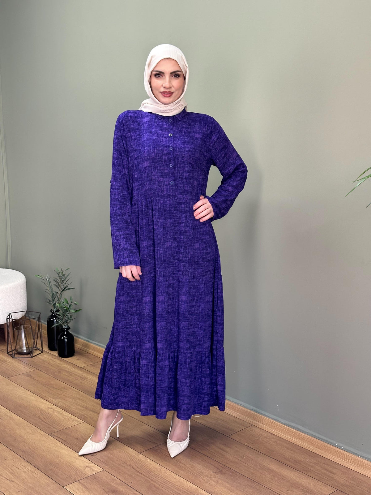 İTALYAN VİSKON GÖMLEK YAKA KOL KATLAMALI ELBİSE MOR