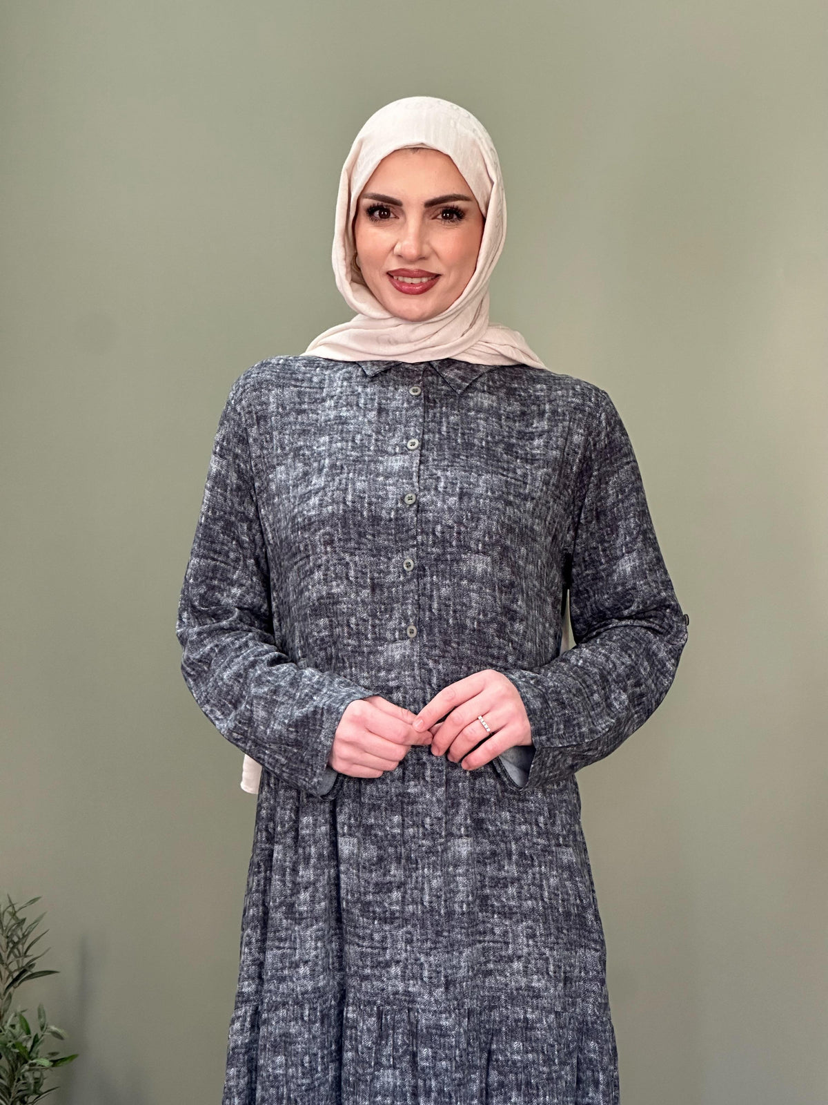 İTALYAN VİSKON GÖMLEK YAKA KOL KATLAMALI ELBİSE ANTRASİT