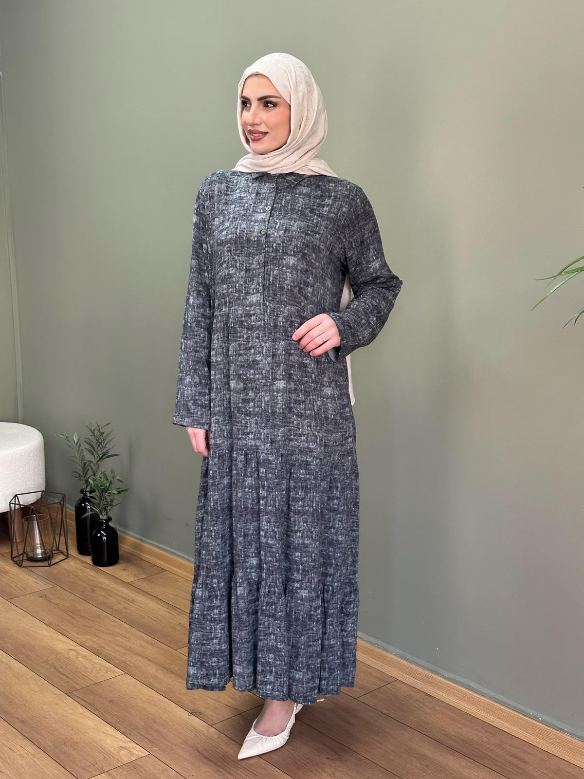 İTALYAN VİSKON GÖMLEK YAKA KOL KATLAMALI ELBİSE ANTRASİT