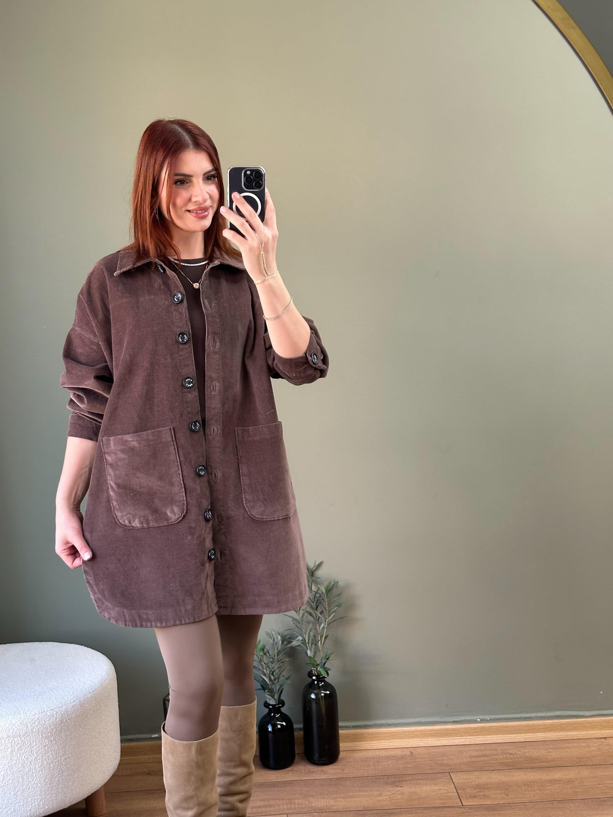 İTHAL DİJİTAL KADİFE GÖMLEK KAHVE