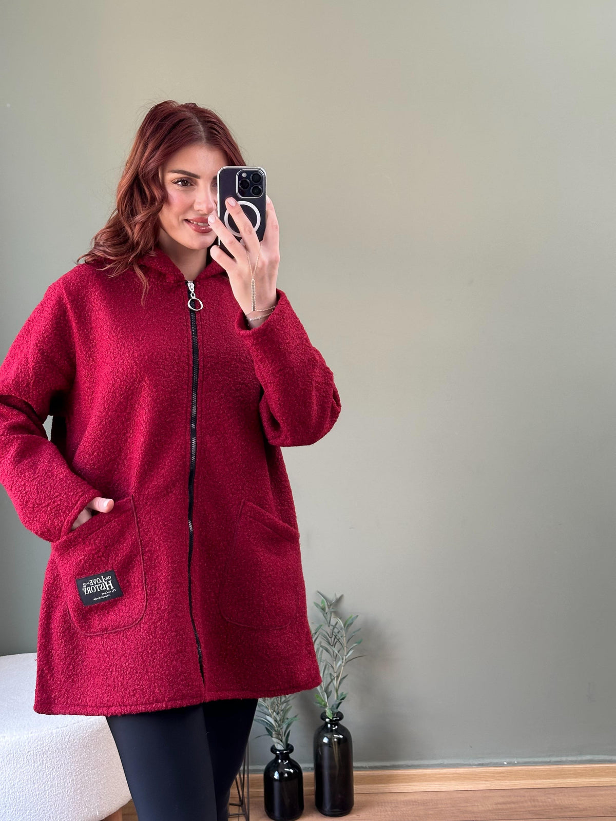 İthal fermuarlı buklet kaban bordo
