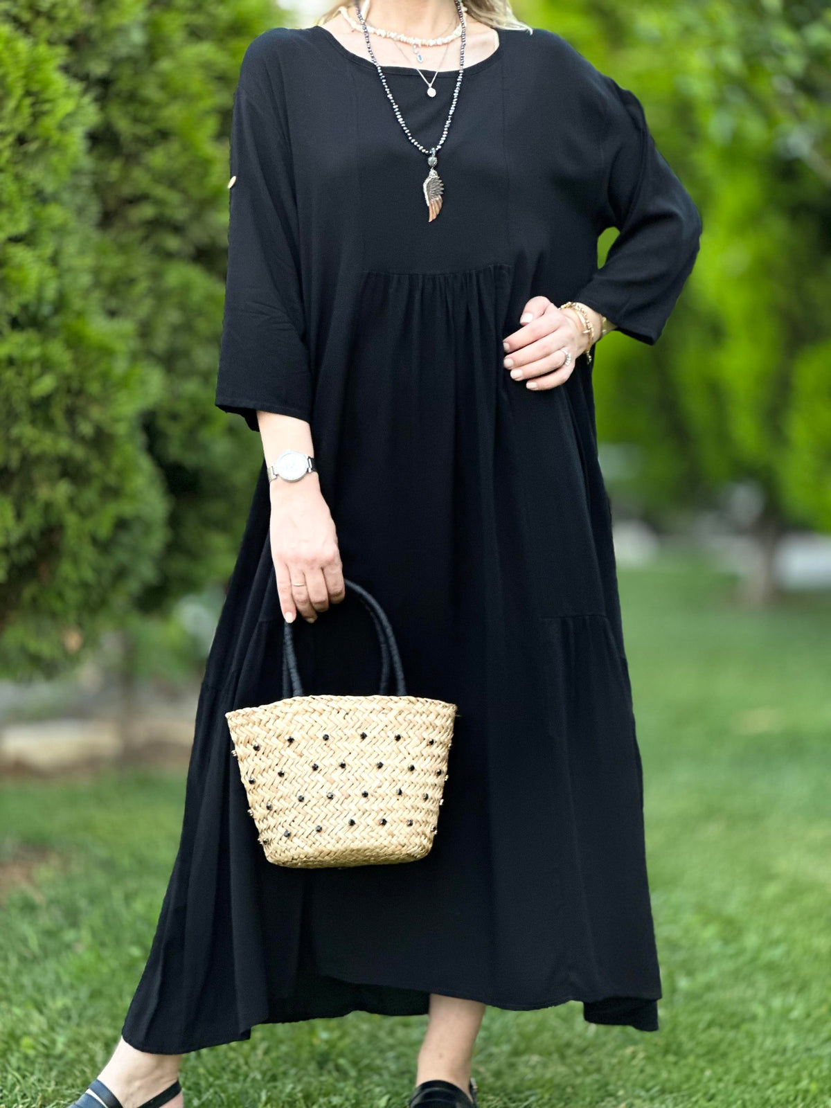 İTHAL KUMAŞ RAHAT KALIP ELBİSE SİYAH
