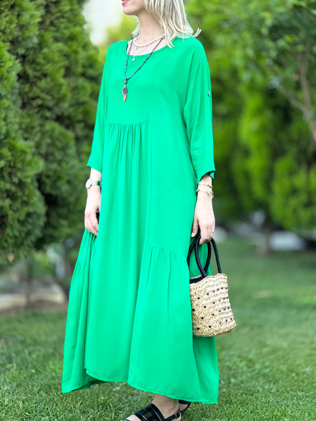 İTHAL KUMAŞ RAHAT KALIP ELBİSE YEŞİL